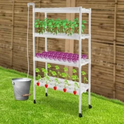 Plantestativer^Hydroponisk dyrkningssæt - Plantehylde - 108 Plantepladser - Pumpe & Hjul - Hul Ø32 mm - 89×36×144 cm - EU/US-stik - Hvid