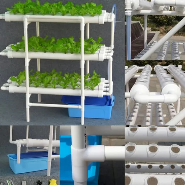 Kit Til Plante- & Urtedyrkning^Hydroponisk dyrkningssæt - 3-lags system - 108 plantehuller - PVC-U - Rør Ø 6,3 cm - Hul Ø 3,2 cm - Slange 1,2 m - Hvid