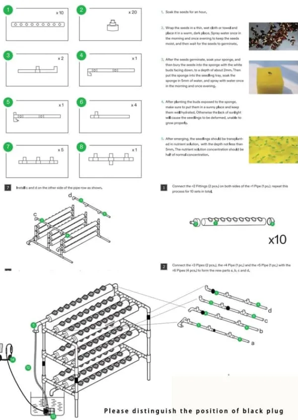 Kit Til Plante- & Urtedyrkning^Hydroponisk dyrkningssæt - 3-lags system - 108 plantehuller - PVC-U - Rør Ø 6,3 cm - Hul Ø 3,2 cm - Slange 1,2 m - Hvid