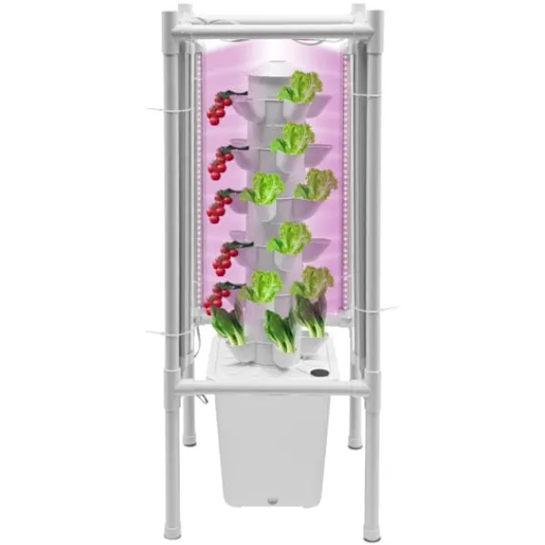 Kit Til Plante- & Urtedyrkning^Hydroponisk Dyrkningssæt - Vertikalt Plantetårn - EU-stik - Med 6 Lag - Med 30 Plantehuller - LED Vækstlys, 4 Lamper - Med 10 L Vandtank - Hvid
