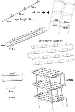 Kit Til Plante- & Urtedyrkning^Hydroponisk dyrkningssæt - Rørsystem til planter - 90 plantehuller - 3 lag - PVC-U - Rør Ø 6,3 cm - Hul Ø 3,2 cm - Lysegrå