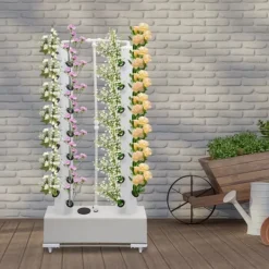 Kit Til Plante- & Urtedyrkning^Hydroponisk dyrkningssæt - Vertikalt plantetårn - 56 huller - Vandpumpe - 30 l tank - EU/US-stik - 80×20×165 cm - Hvid