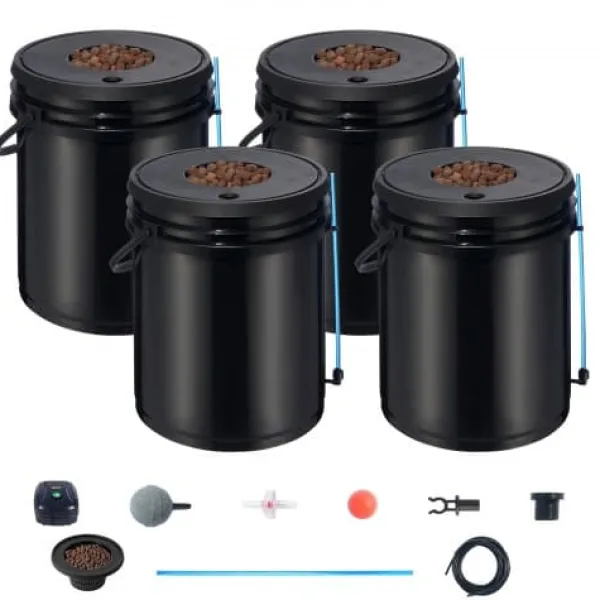 Kit Til Plante- & Urtedyrkning^Hydroponisk dyrkningssystem, Deep Water Culture 4 spande, 30x30x38 cm, sort, PP-materiale