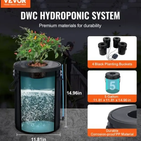 Kit Til Plante- & Urtedyrkning^Hydroponisk dyrkningssystem, Deep Water Culture 4 spande, 30x30x38 cm, sort, PP-materiale