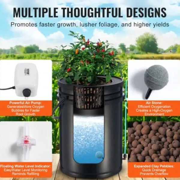 Online Hydroponisk dyrkningssystem, Deep Water Culture 30x30x38 cm, sort, 2 spande Kit Til Plante- & Urtedyrkning