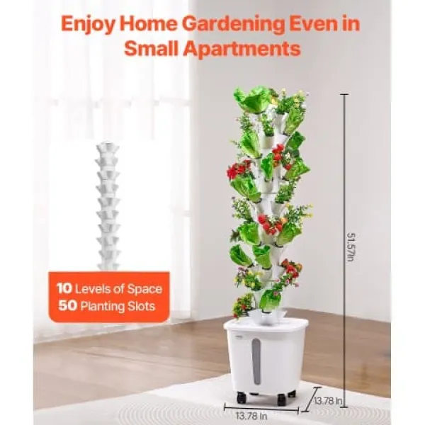 Kit Til Plante- & Urtedyrkning^Hydroponisk dyrkningssystem, 50 pods 10 niveauer, 35x35x131 cm, hvid, indendørs have