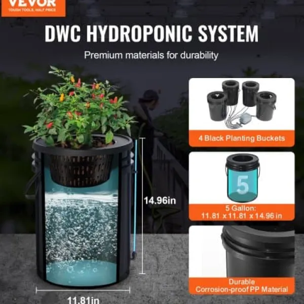 Discount Hydroponisk dyrkningssystem, Deep Water Culture 4 spande 30x30x38 cm, Sort, PP-materiale Kit Til Plante- & Urtedyrkning