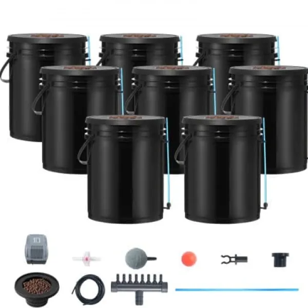 Kit Til Plante- & Urtedyrkning^Hydroponisk dyrkningssystem, Deep Water Culture 8 spande, 30x30x38 cm, sort, PP materiale