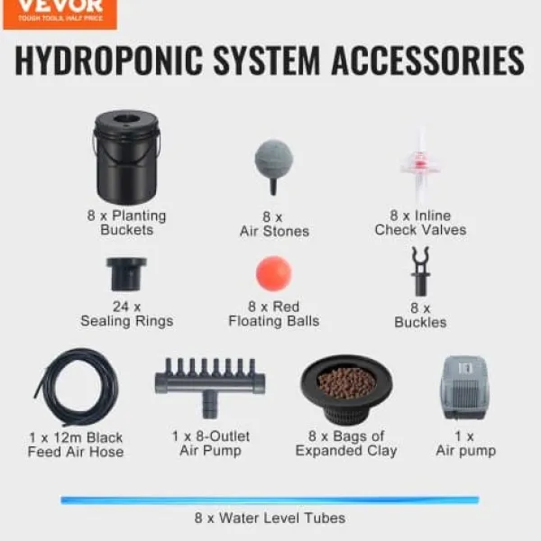 Kit Til Plante- & Urtedyrkning^Hydroponisk dyrkningssystem, Deep Water Culture 8 spande, 30x30x38 cm, sort, PP materiale