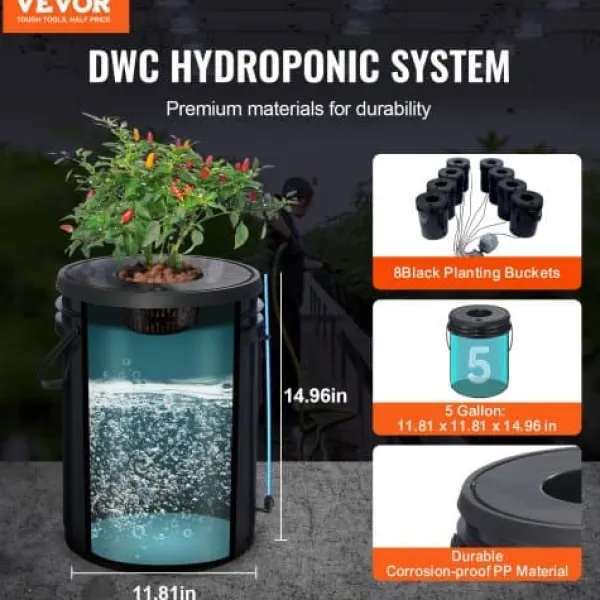 Kit Til Plante- & Urtedyrkning^Hydroponisk dyrkningssystem, Deep Water Culture 8 spande, 30x30x38 cm, sort, PP materiale
