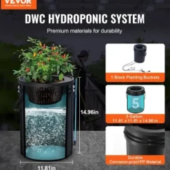 Sale Hydroponisk dyrkningssystem, 5-gallon deep water culture, 30x30x38 cm, sort, PP-materiale Kit Til Plante- & Urtedyrkning