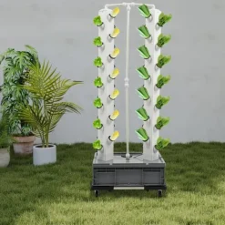 Plantestativer^Hydroponisk dyrkningstårn - Vertikalt havesæt - 56 huller - 220 V EU-stik - Inde/Ude - 4 hjul - PP-materiale - Hvid