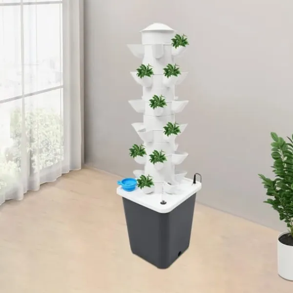 Sale Hydroponisk plantetårn - Dyrkningssystem - 30 Huller - 6 Niveauer - EU-stik - Netdrevet - Gulvstående - Med pumpe - Hvid Kit Til Plante- & Urtedyrkning
