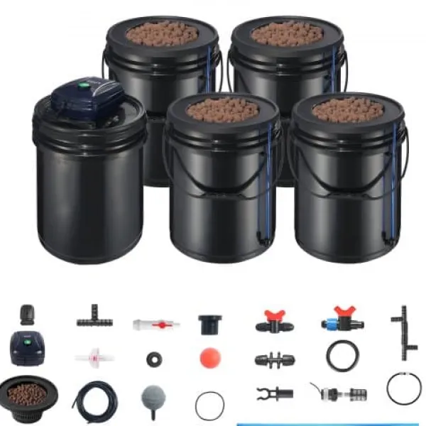 Kit Til Plante- & Urtedyrkning^Hydroponisk system, recirkulerende Deep Water Culture 4 spande, 30x30x38 cm, sort, PP-materiale