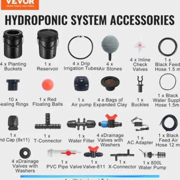 Kit Til Plante- & Urtedyrkning^Hydroponisk system, recirkulerende Deep Water Culture 4 spande, 30x30x38 cm, sort, PP-materiale