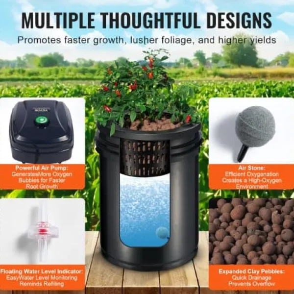 Kit Til Plante- & Urtedyrkning^Hydroponisk system, recirkulerende Deep Water Culture 4 spande, 30x30x38 cm, sort, PP-materiale