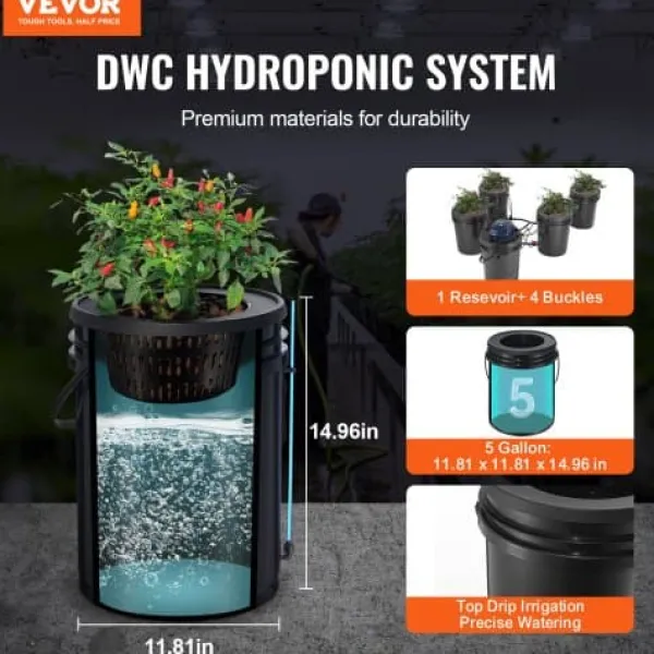 Kit Til Plante- & Urtedyrkning^Hydroponisk system, recirkulerende Deep Water Culture 4 spande, 30x30x38 cm, sort, PP-materiale