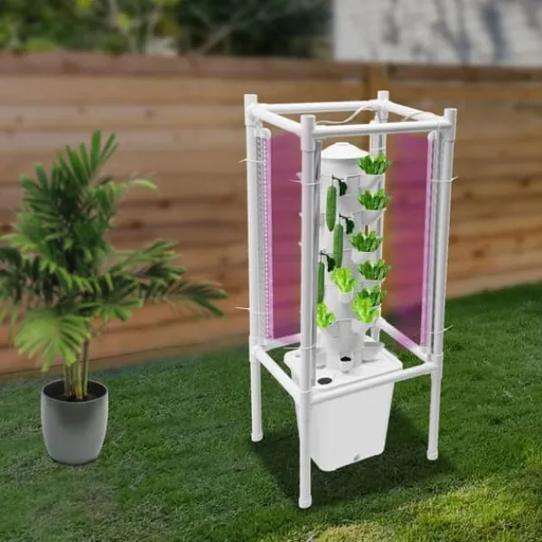 Kit Til Plante- & Urtedyrkning^Hydroponisk tårnhave - Indendørs dyrkningssystem - 6 niveauer - 30 plantehuller - 4 LED vækstlys - Selvvandende - Smart - Hvid