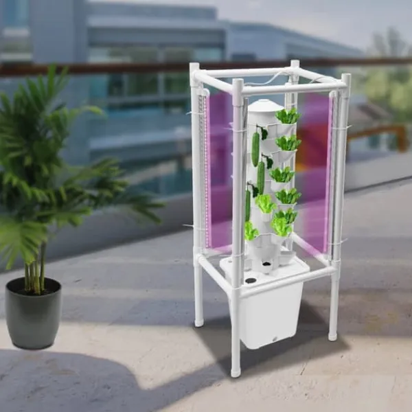 Kit Til Plante- & Urtedyrkning^Hydroponisk tårnhave - Indendørs dyrkningssystem - 6 niveauer - 30 plantehuller - 4 LED vækstlys - Selvvandende - Smart - Hvid