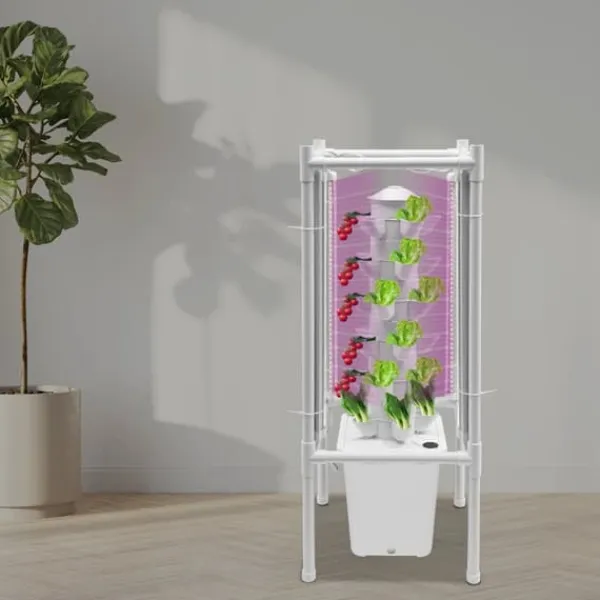 Kit Til Plante- & Urtedyrkning^Hydroponisk tårnhave - Indendørs dyrkningssystem - 6 niveauer - 30 plantehuller - 4 LED vækstlys - Selvvandende - Smart - Hvid