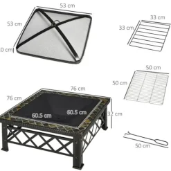 Pejse^3-i-1 Bålfad, Grill og Iskøler, Gnistbeskyttelse, 76x76x47cm, Sort til Havegrill
