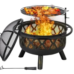 Pejse^Ildskål - Have bålsted med grill - Støbejern - Kulgrill - Højdejusterbart grillrist - Gnistfang - Let at rengøre