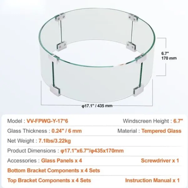 Tilbehør Til Brændeovne & Pejse^Ilægger til bålfad, 435 x 170 mm rundt glasflammeskjold, 6 mm hærdet glas til propan og gas. Perfekt til udendørs gårdhaver.