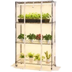 Outlet Indendørs drivhus, 4-etagers plantehylde med vækstlys, 90x35x150 cm, metal Kit Til Plante- & Urtedyrkning