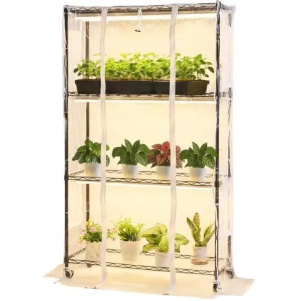Outlet Indendørs drivhus, 4-etagers plantehylde med vækstlys, 90x35x150 cm, metal Kit Til Plante- & Urtedyrkning