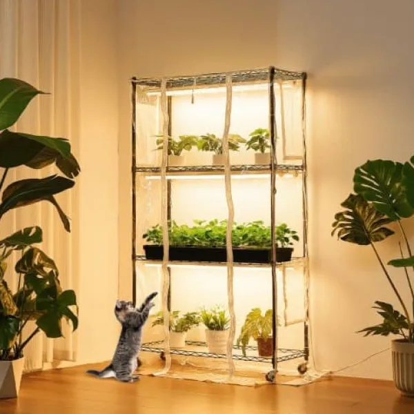 Outlet Indendørs drivhus, 4-etagers plantehylde med vækstlys, 90x35x150 cm, metal Kit Til Plante- & Urtedyrkning