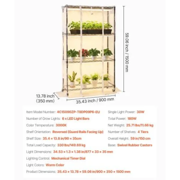 Outlet Indendørs drivhus, 4-etagers plantehylde med vækstlys, 90x35x150 cm, metal Kit Til Plante- & Urtedyrkning
