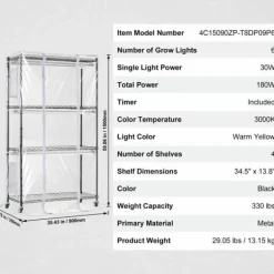 Drivhus^Indendørs drivhus med Grow Light 4 etager, 180W, 59,1, planteregale, optimal belysning, hurtig vækst.