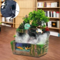 Springvand & Damme^Indendørs fontæne - Bordfontæne med akvarium - LED-belysning - Tågegenerator - Vandfald - 30 x 18 x 33 cm - Harpiks - 220 V - Brun