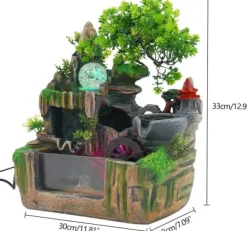 Springvand & Damme^Indendørs fontæne - Bordfontæne med akvarium - LED-belysning - Tågegenerator - Vandfald - 30 x 18 x 33 cm - Harpiks - 220 V - Brun