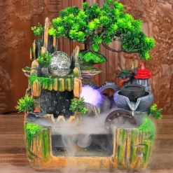 Springvand & Damme^Indendørs fontæne - Bordfontæne med akvarium - LED-belysning - Tågegenerator - Vandfald - 30 x 18 x 33 cm - Harpiks - 220 V - Brun
