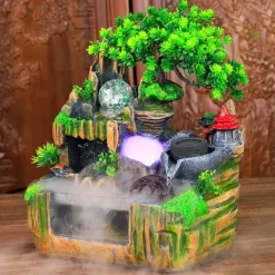 Springvand & Damme^Indendørs fontæne - Bordfontæne med akvarium - LED-belysning - Tågegenerator - Vandfald - 30 x 18 x 33 cm - Harpiks - 220 V - Brun
