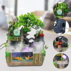 Springvand & Damme^Indendørs fontæne - Bordfontæne med akvarium - LED-belysning - Tågegenerator - Vandfald - 30 x 18 x 33 cm - Harpiks - 220 V - Brun