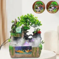 Springvand & Damme^Indendørs fontæne - Bordfontæne med akvarium - LED-belysning - Tågegenerator - Vandfald - 30 x 18 x 33 cm - Harpiks - 220 V - Brun