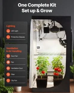 Outlet Indendørs væksttelt - Plantetelt sæt - 100 x 100 x 200 cm - Fuldspektret LED-vækstlys - Ventilationssystem - 600D Mylar - Til blomster og grøntsager | CDON Kit Til Plante- & Urtedyrkning