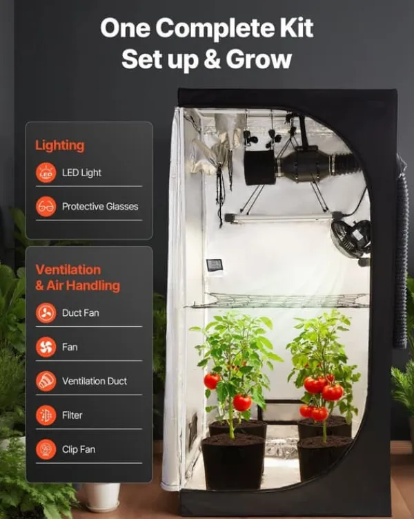 Outlet Indendørs væksttelt - Plantetelt sæt - 100 x 100 x 200 cm - Fuldspektret LED-vækstlys - Ventilationssystem - 600D Mylar - Til blomster og grøntsager | CDON Kit Til Plante- & Urtedyrkning