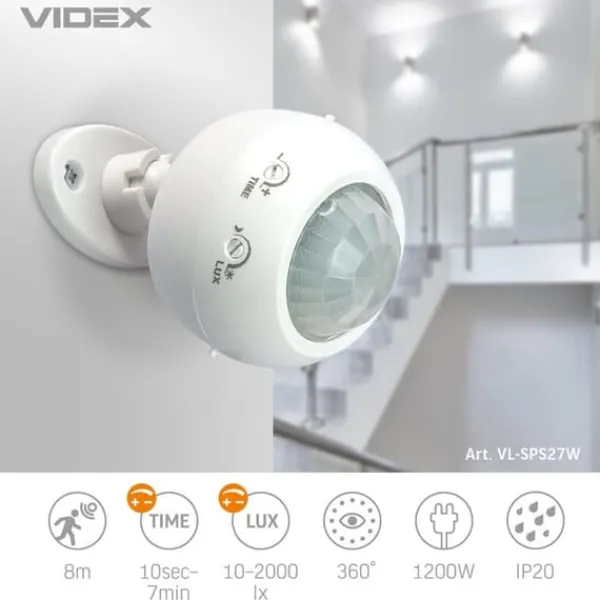 Bevægelsesdetektorer^Infrarød bevægelses- og lyssensor 1200W IP20 bevægelig Videx