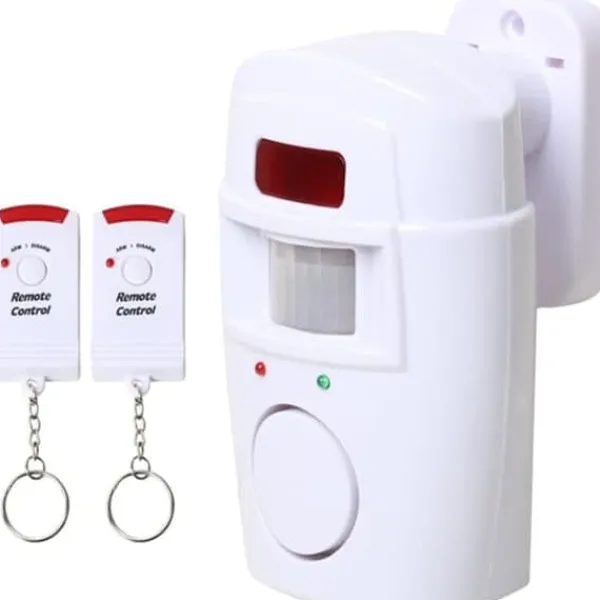 Bevægelsesdetektorer^Infrarød bevægelsessensoralarm - tyverialarm med 2 fjernbetjeninger, 105° scanningsområde og 105dB, egnet til hjem/garage/butik