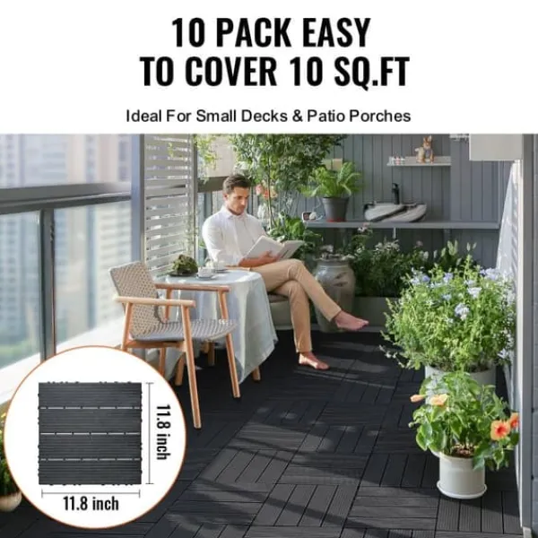 Havedekorationer^Interlocking Deck Fliser 10-Pak, 30x30 cm, Mørkegrå Plast til Terrasse, Holdbar og Vejrbestandig.