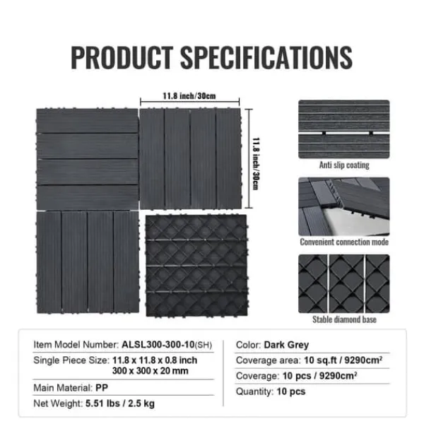 Havedekorationer^Interlocking Deck Fliser 10-Pak, 30x30 cm, Mørkegrå Plast til Terrasse, Holdbar og Vejrbestandig.