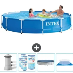 Pooler^Intex Round Frame Swimming Pool - 366 x 76 cm - Blå - Inklusive Tilbehør CB88
