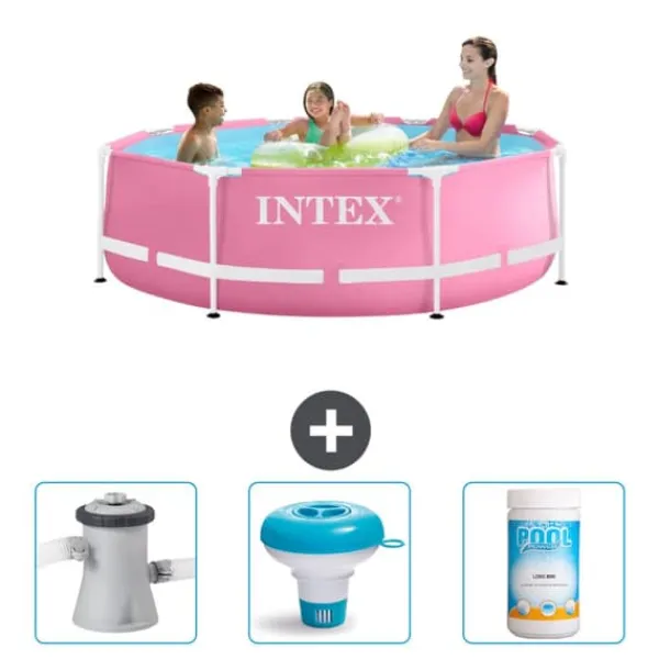 Pooler^Intex Round Frame Swimming Pool - 244 x 76 cm - Pink - Inkluderet tilbehør CB77
