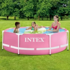 Pooler^Intex Round Frame Swimming Pool - 244 x 76 cm - Pink - Inkluderet tilbehør CB77