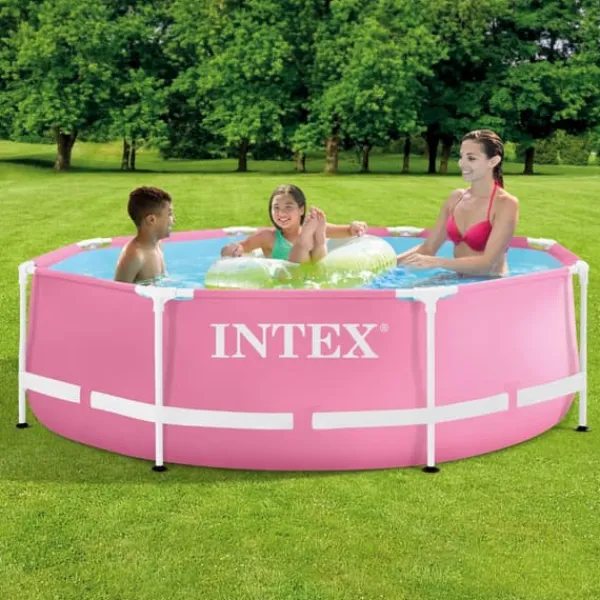 Pooler^Intex Round Frame Swimming Pool - 244 x 76 cm - Pink - Inkluderet tilbehør CB77