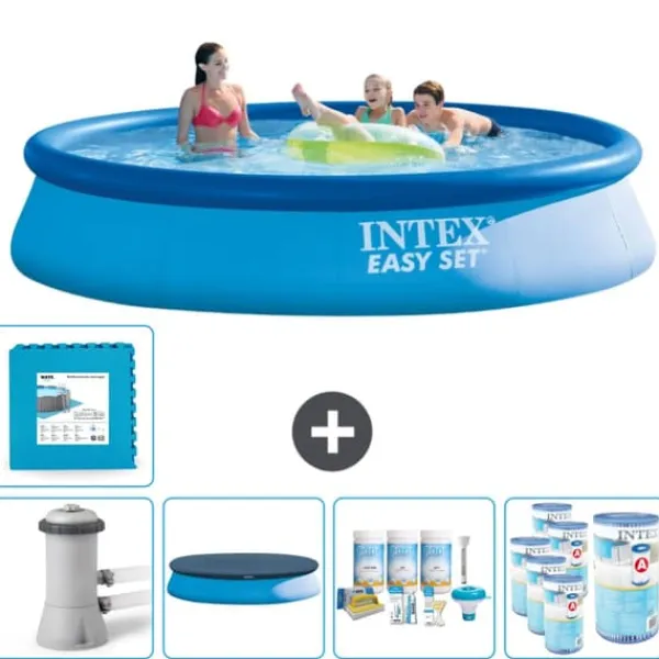 Intex rund oppustelig let sæt swimmingpool - 396 x 84 cm - Blå - Inklusive Tilbehør CB16 Pooler