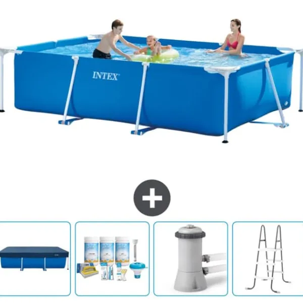 Pooler^Intex svømmebassin med rektangulær ramme - 300 x 200 x 75 cm - Blå - Inkluderet tilbehør CB6